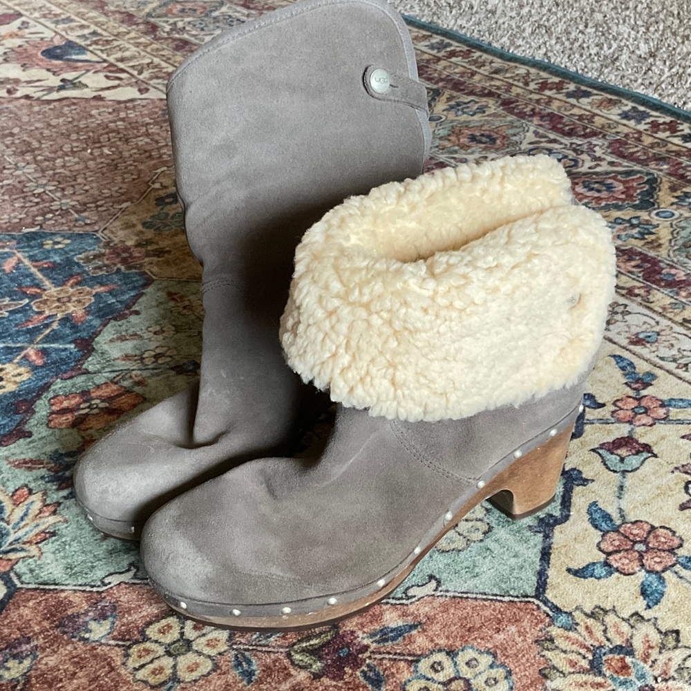 UGG Gray and Cream Shearling-Lined Clogs